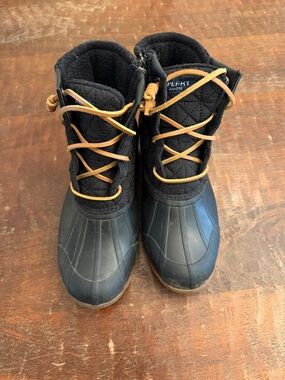 Women’s Sperry Black Quilted Duck Boots with Tan Laces